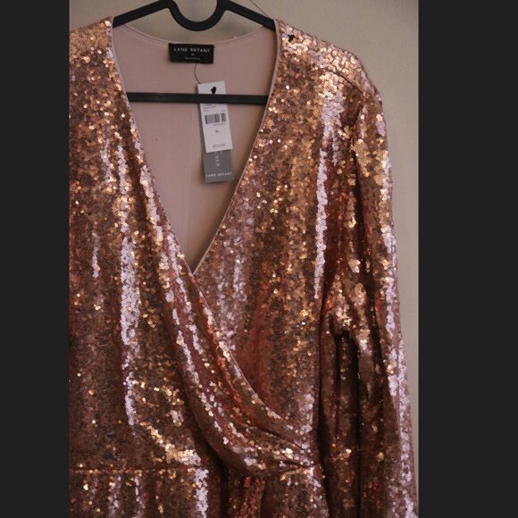 Lane Bryant Surplice Pleat-Waist Sequin Dress, rose gold champagne sequin, 20 - Picture 6 of 12